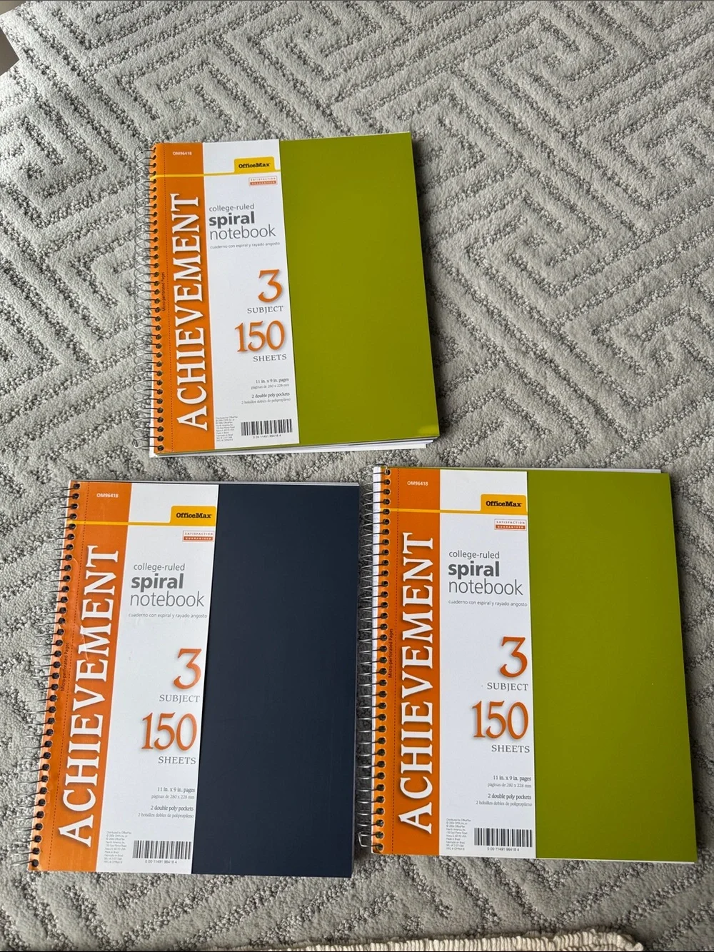 3X Office Max Achievement 3-Subject Spiral Notebook - Olive Green & Navy